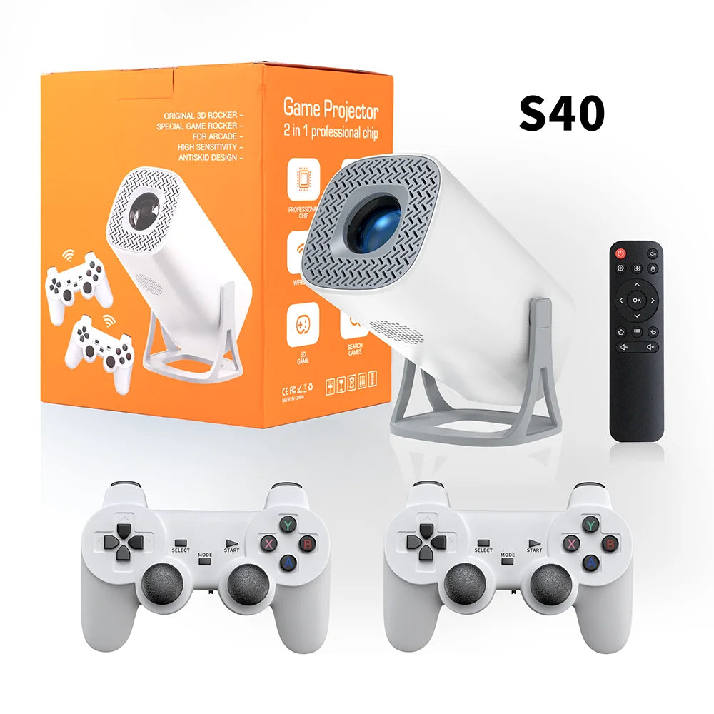 4K HD Android Projector – 3000+ Games, WiFi 6, BT5.4, Low Noise Home Theater with Dual Gamepads, Outdoor & Indoor