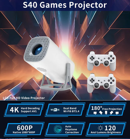 4K HD Android Projector – 3000+ Games, WiFi 6, BT5.4, Low Noise Home Theater with Dual Gamepads, Outdoor & Indoor