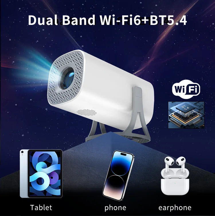 4K HD Android Projector – 3000+ Games, WiFi 6, BT5.4, Low Noise Home Theater with Dual Gamepads, Outdoor & Indoor