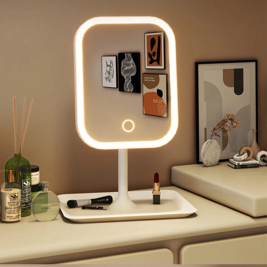 Modern LED Makeup Vanity Mirror – 3 Color Lighting, Touch Sensor, Desktop Mirror for Bedroom