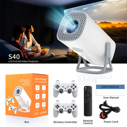 4K HD Android Projector – 3000+ Games, WiFi 6, BT5.4, Low Noise Home Theater with Dual Gamepads, Outdoor & Indoor